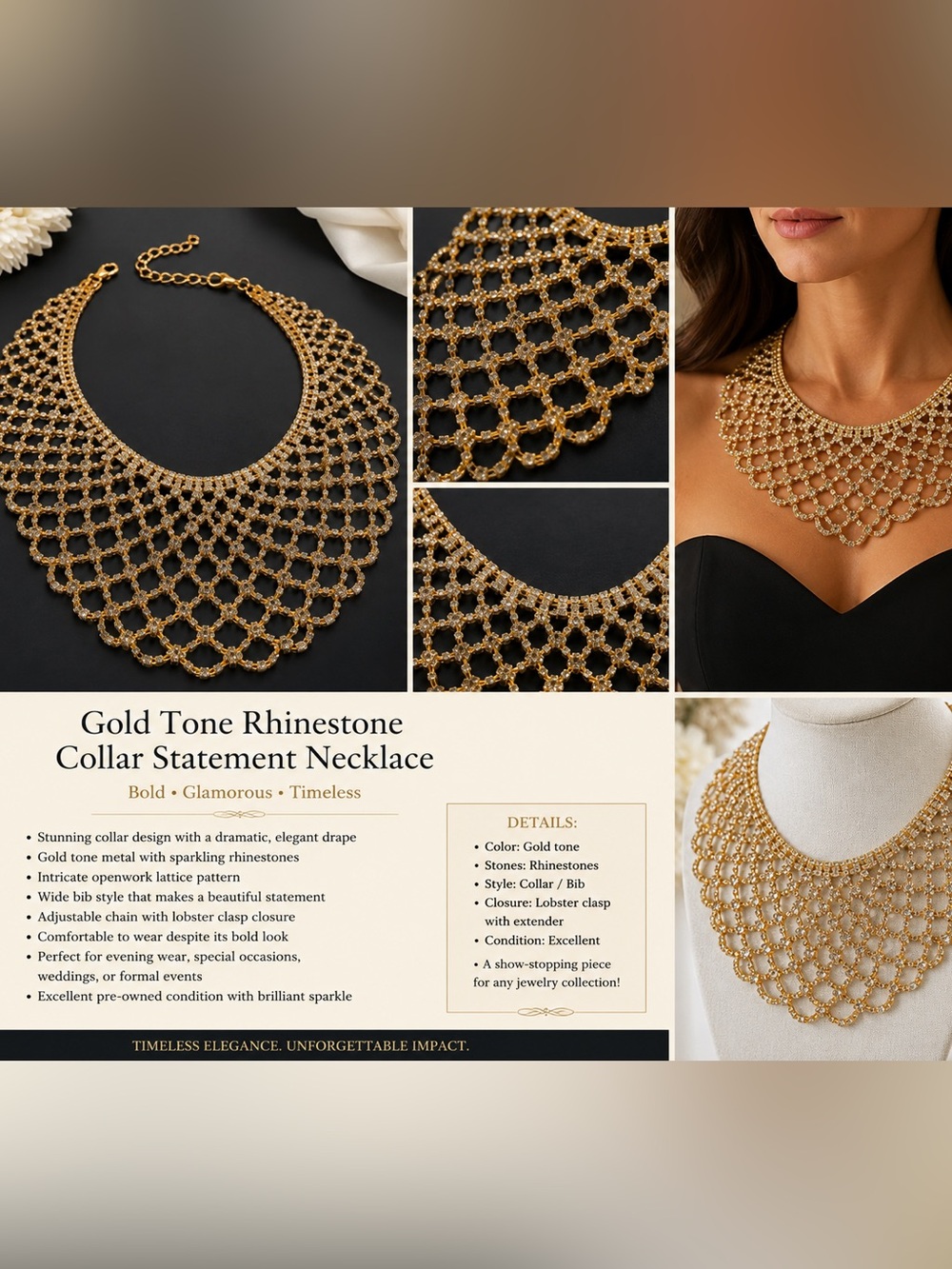 Gold tone and rhinestone collar statement necklace